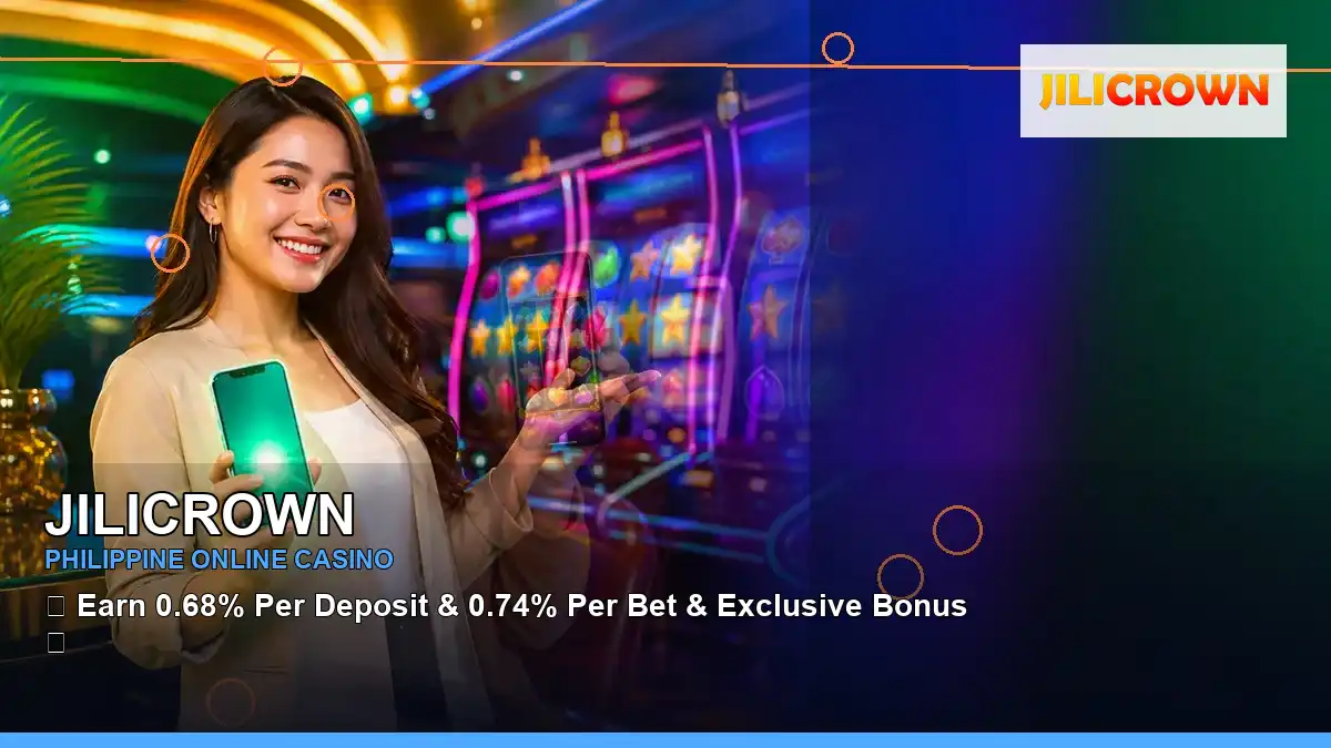 JILICROWN casino cashback rewards featuring an adult Filipina casino host with a left close-up composition